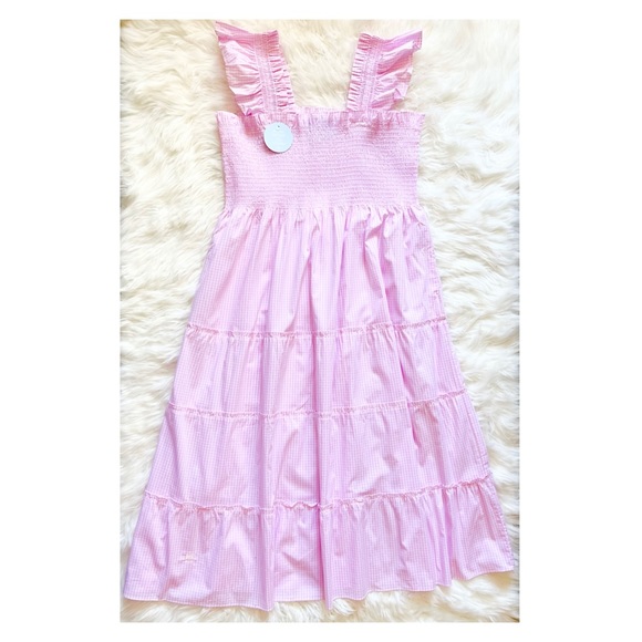 New! HILL HOUSE HOME Ellie Nap Tiered Midi Dress in Pink Gingham - Picture 10 of 13